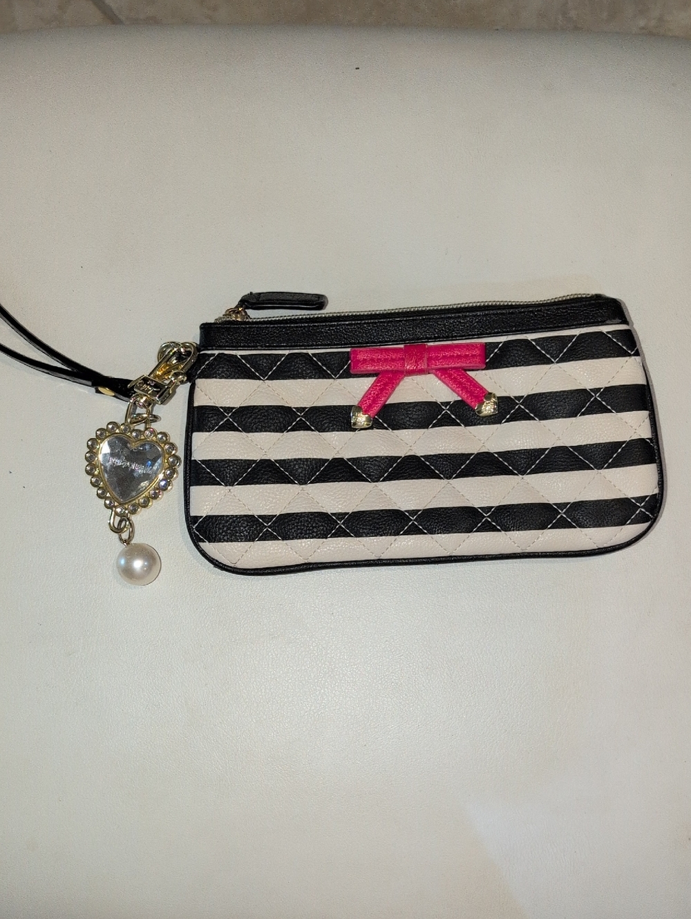 Striped Black & White Wristlet with Pink Bow Accent and Huge keychain